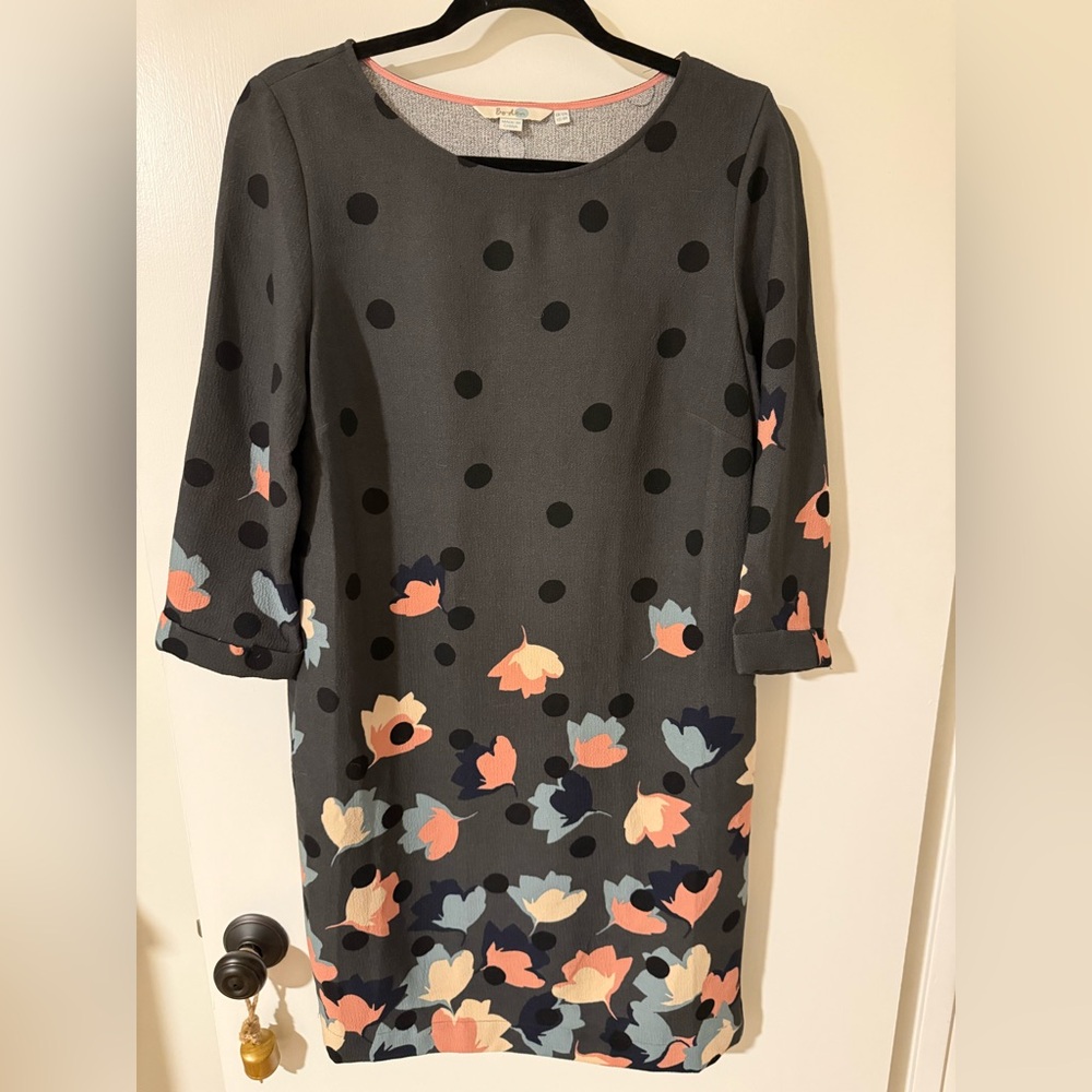 Boden Gray Floral and Polka Dot Long Sleeve Dress